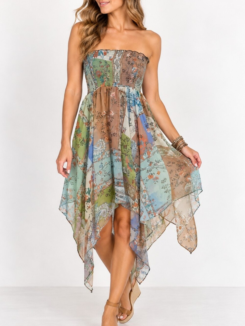 FUNKY PEOPLE Multicolor Ruched Waterfall Boho Dress – Small